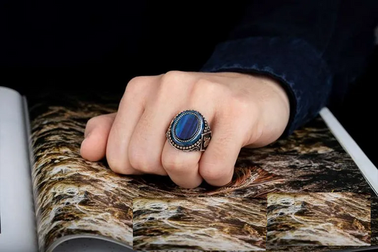 Oval Blue Tiger Eye Silver Ring With Tughra