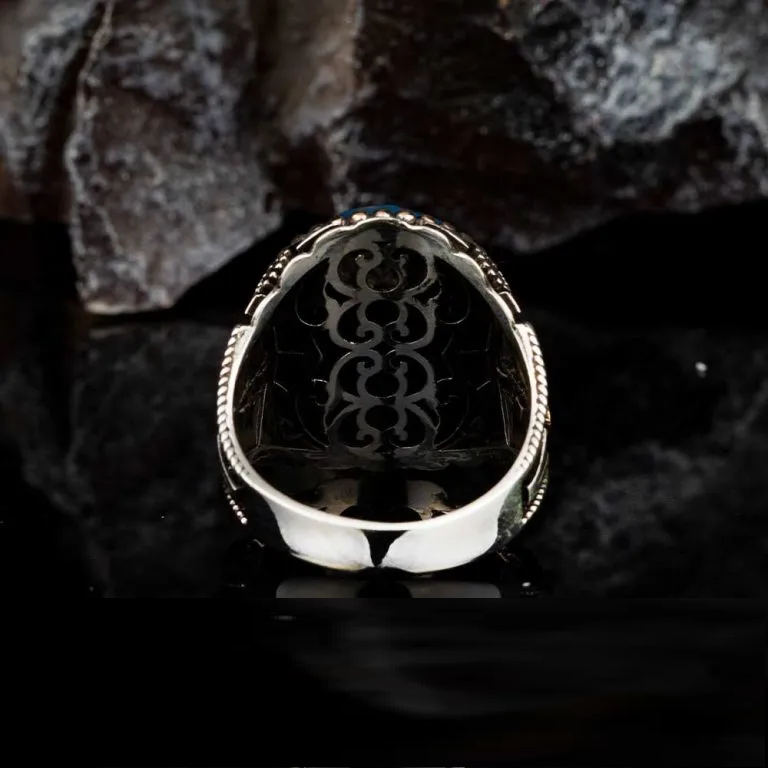 Oval Blue Tiger Eye Silver Ring With Tughra