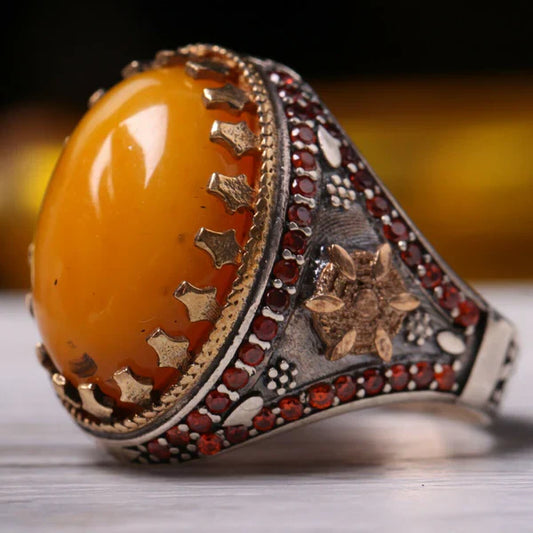Silver Agate and Citrine Stone Mens Ring