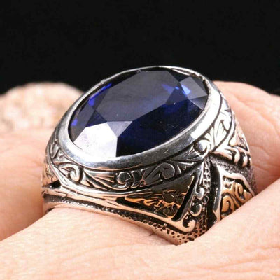 Silver Blue Sapphire Stone Handmade Ring for Men