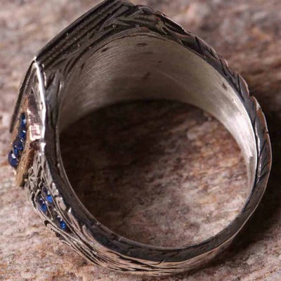 Silver Christian Cross Sapphire Religious Mens Ring