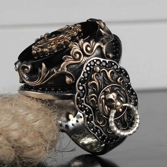 Silver Clear Onyx Stone Lion Mens Ring