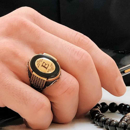 Silver Customizable Onyx Stone Letter Mens Ring
