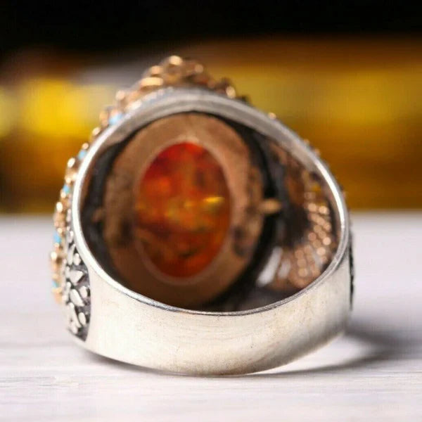 Silver Fossil Amber and Turquoise Stone Mens Ring