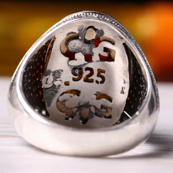 Silver Fossil Amber and Zircon Stone Mens Ring