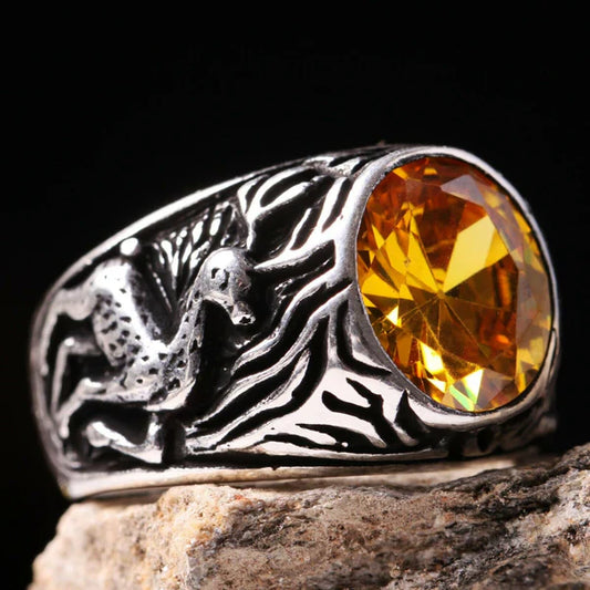 Silver Gazelle Style Yellow Citrine Stone Mens Ring