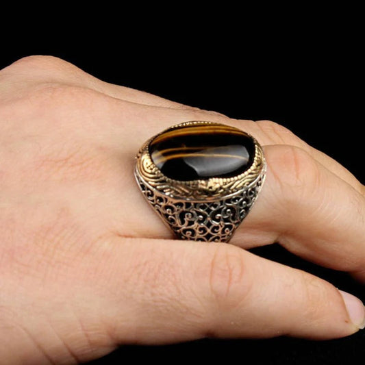 Silver Heavy Natural Tigers Eye Mens Ring