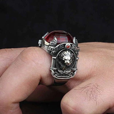 Silver Luxury Ruby Stone King Lion Mens Ring