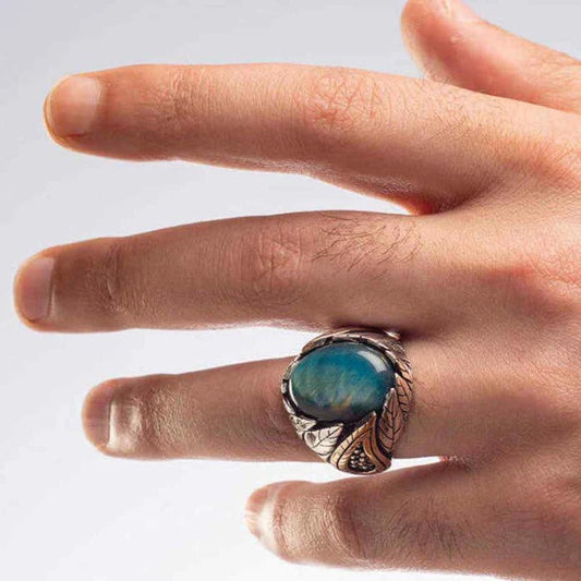 Silver Mens Ring with Natural Blue Tigers Eye Stone