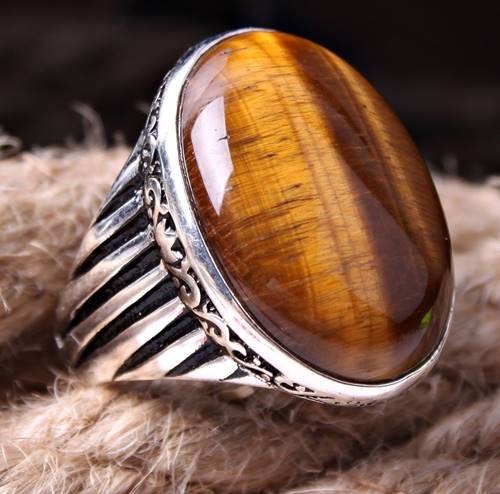Silver Natural Brown Tigers Eye Stone Mens Ring