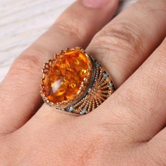 Silver Orange Amber and Turquoise Stone Mens Ring
