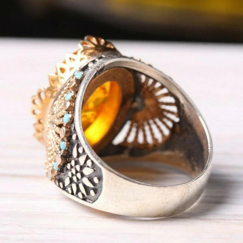 Silver Orange Amber and Turquoise Stone Mens Ring