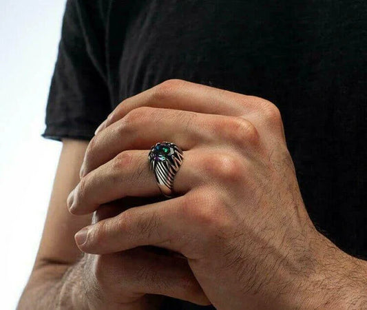 Silver Rainbow Mystic Topaz Stone Luxury Mens Ring