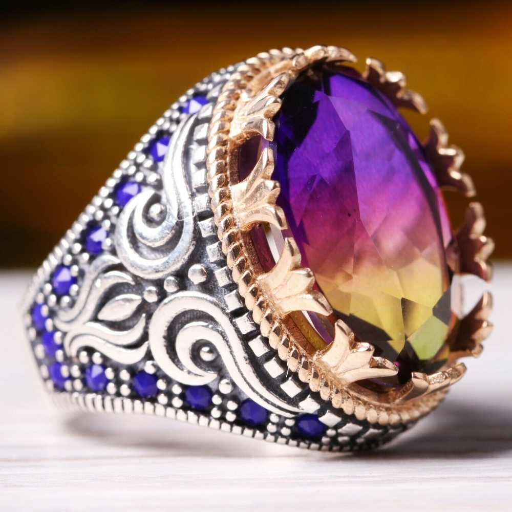 Silver Rainbow Tourmaline Stone Mens Ring