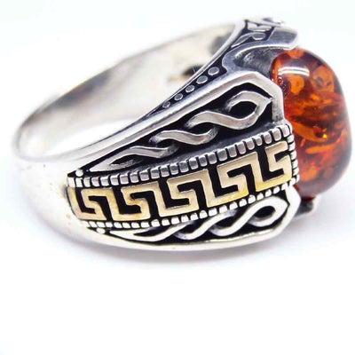 Silver Round Orange Amber Stone Mens Ring