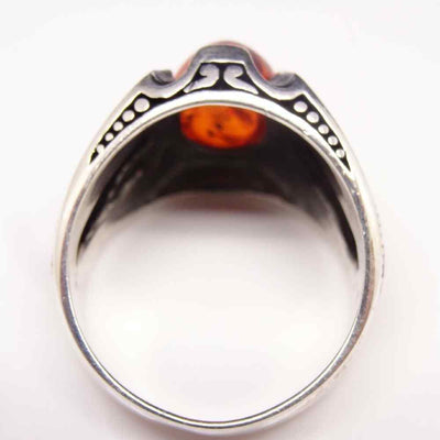Silver Round Orange Amber Stone Mens Ring