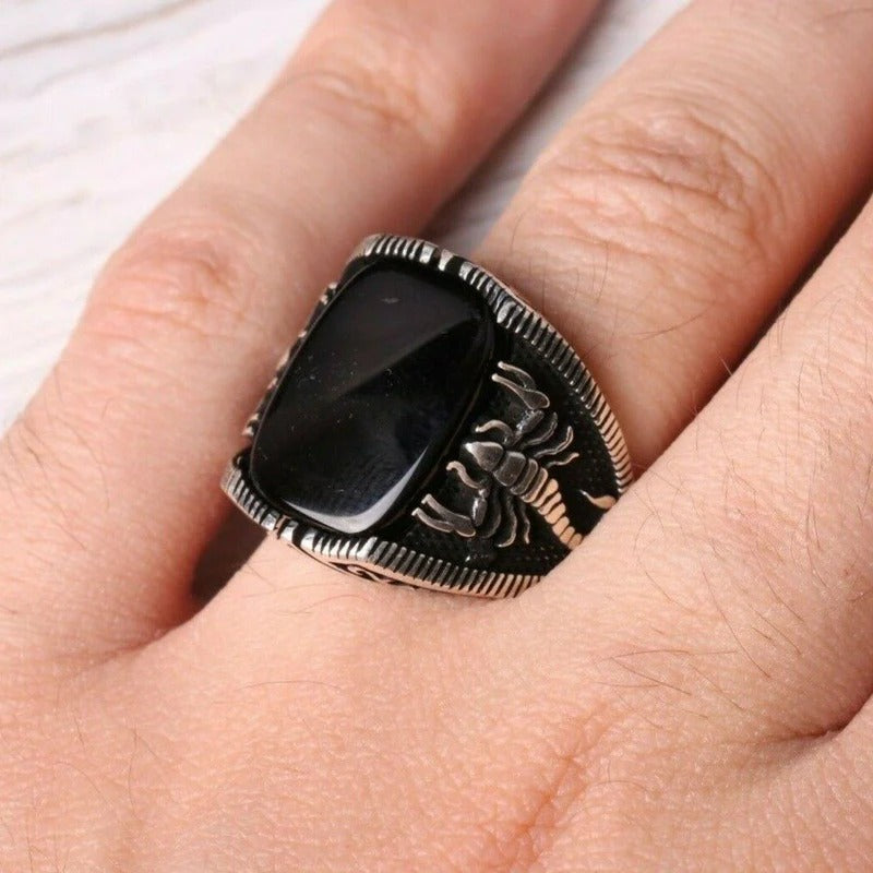 Silver Scorpion Style Solid Onyx Stone Mens Ring