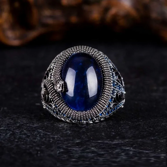 Blue Tiger Eye Zircon Detailed Ring With Snake Figure