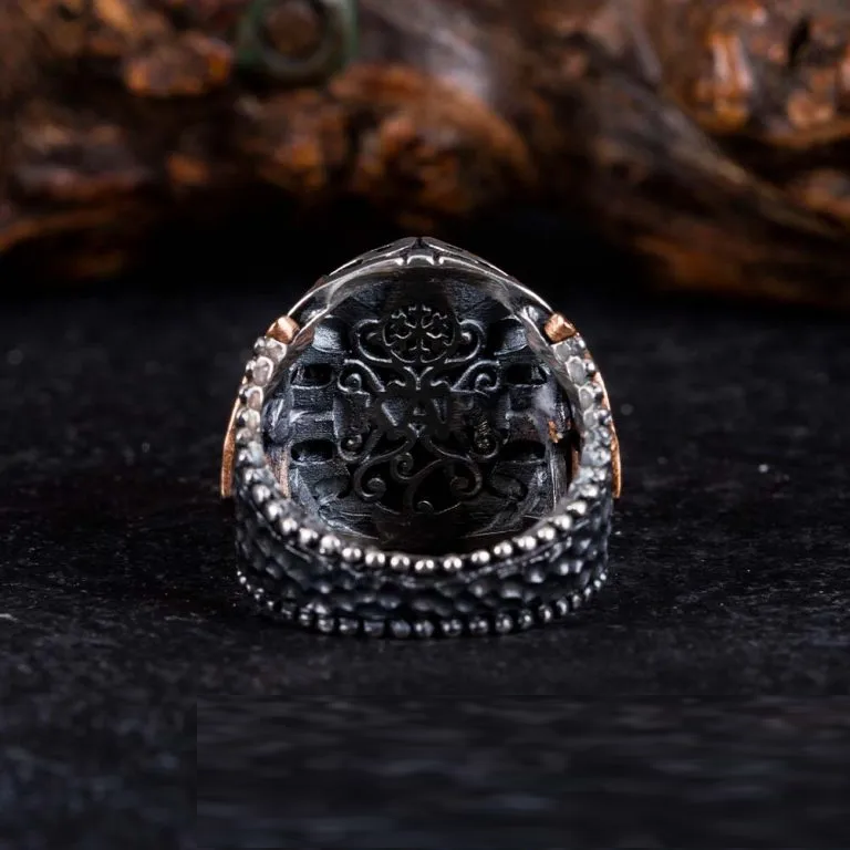 Blue Tiger Eye Oval Zircon Detailed Ring