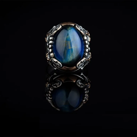 Blue Tiger Eye Crossed Sword Band Silver Ring