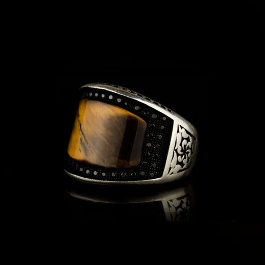 Curved Tiger Eye Silver Ring