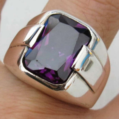 Amethyst with Simple Stone Silver Mens Ring