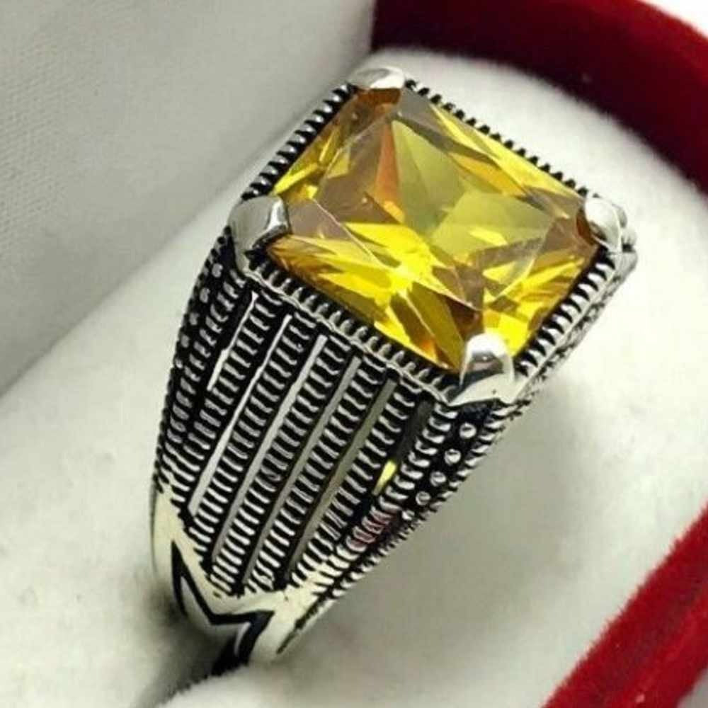 Bright Yellow Citrine Stone Silver Mens Ring