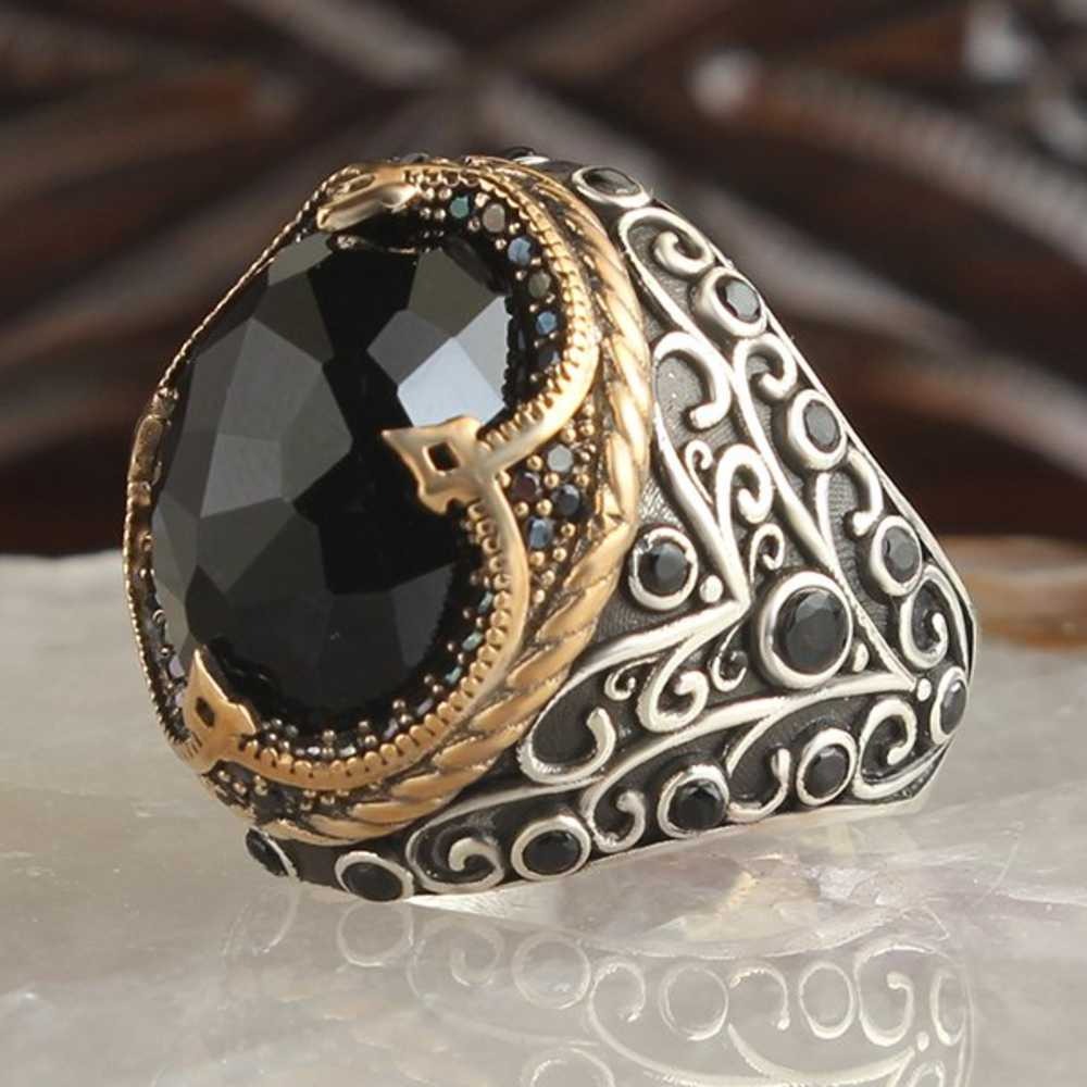 Crystal Cut Black Onyx Stone Silver Mens Ring