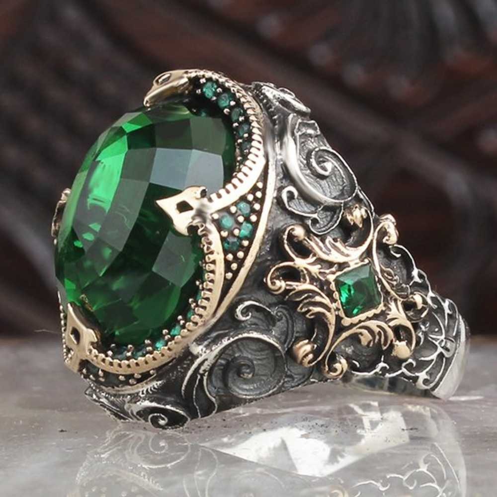 Custom Emerald Stone Silver Mens Ring