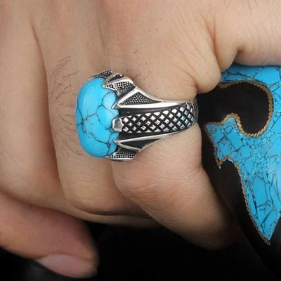 Elegant Blue Turquoise Stone Silver Mens Ring