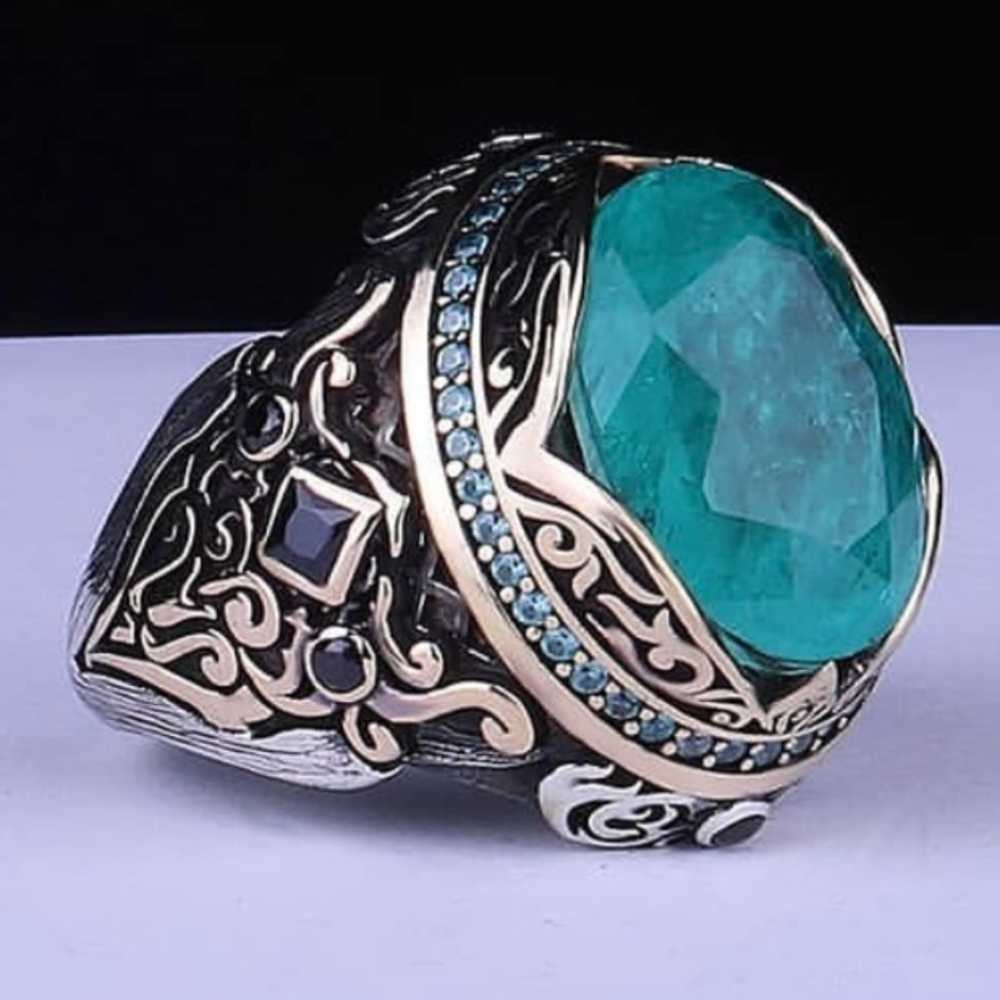 Elegant Natural Paraiba Tourmaline Stone Silver Mens Ring