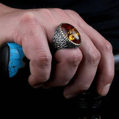 Elegant Orange Amber Stone Silver Mens Ring