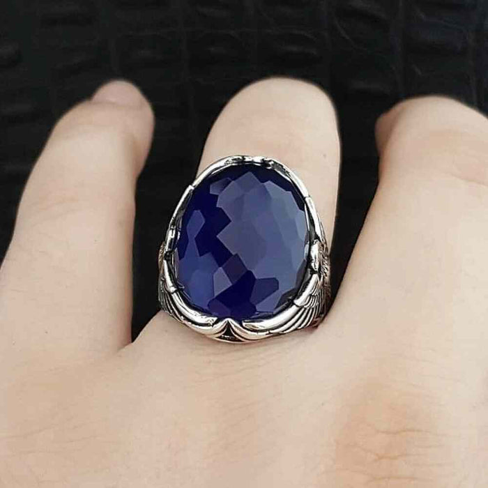Faceted Sapphire Luxury Cut Eagle Design Silver Mens Ring