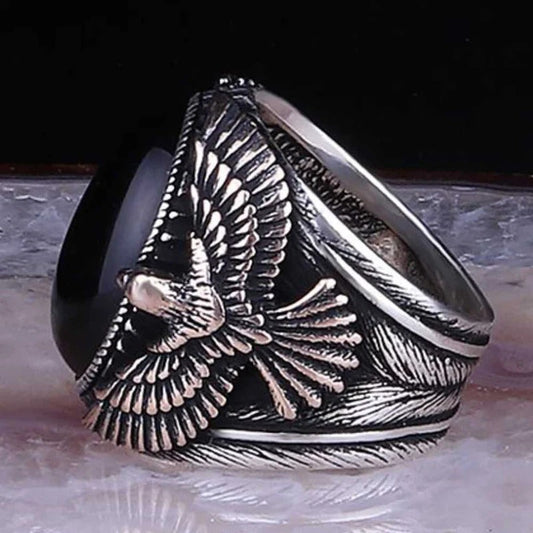 Great Eagle Style Natural Onyx Stone Silver Mens Ring