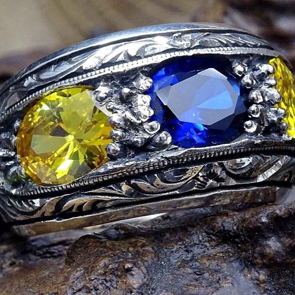 Hand Engraved Silver Citrine and Sapphire Stone Mens Ring