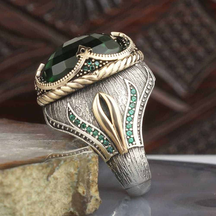 Handmade Silver Drop Emerald Stone Mens Ring