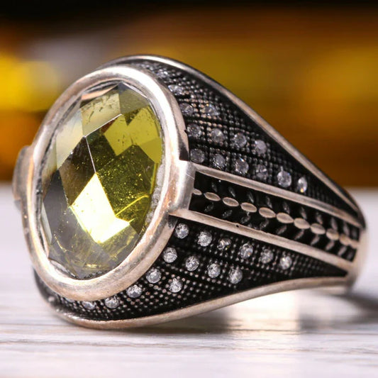 Handmade Silver Faceted Peridot CZ Stone Mens Ring