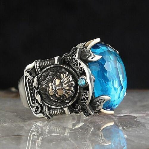 Handmade Silver Lion Aquamarine Stone Mens Ring