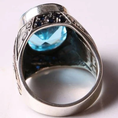 Handmade Silver with Aquamarine Stone Mens Ring