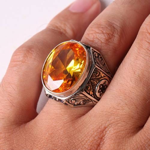 Handmade Silver with Citrine Stone Mens Ring