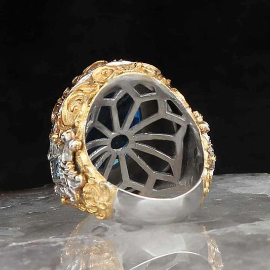 Handmade Engraved Silver Aquamarine Stone Mens Ring