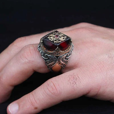 Hexagonal Ruby Stone Silver Mens Ring