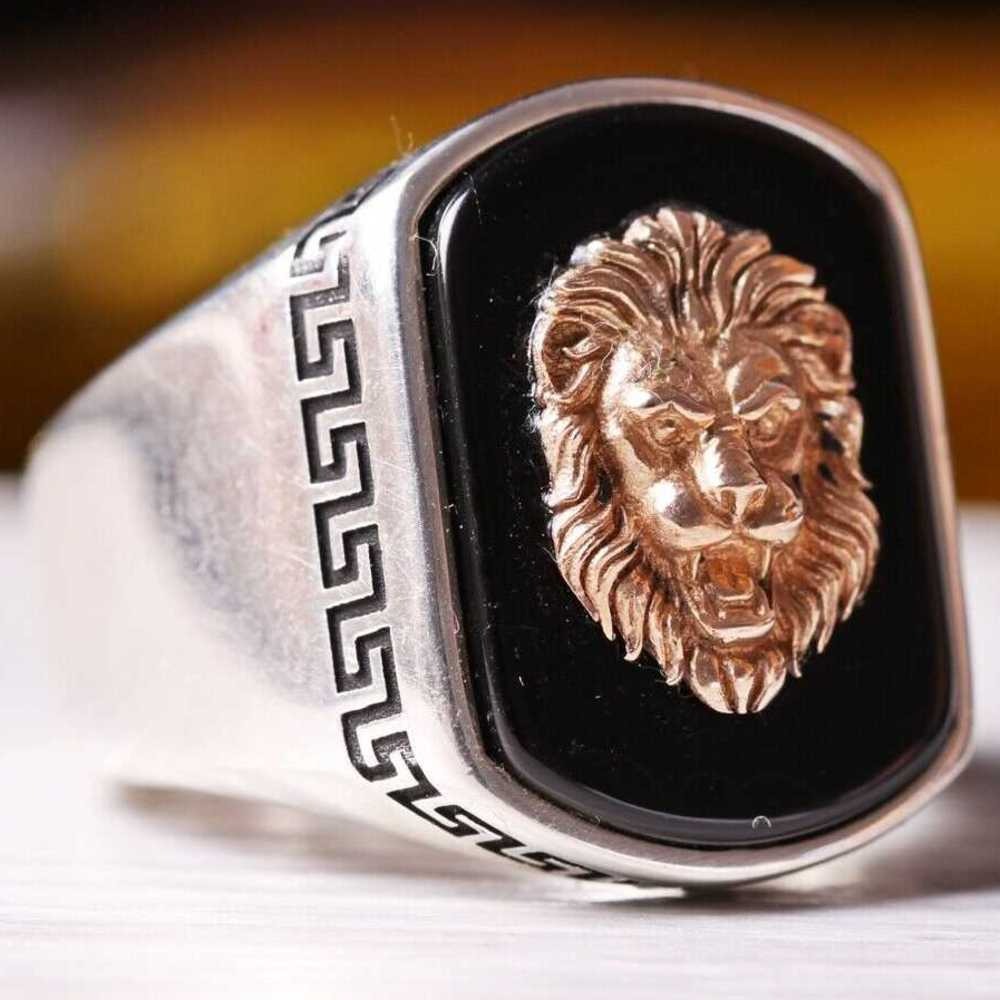 Lion Head Black Onyx Stone Silver Handmade Mens Ring