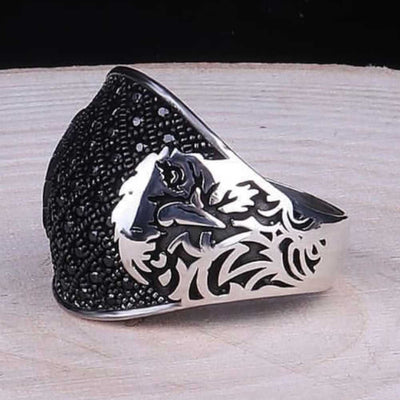 Micro Black Onyx Stone Eagle Style Silver Mens Ring