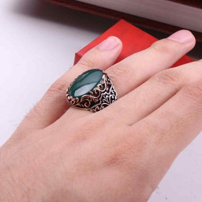 Most Popular Green Agate Style Silver Mens Ring
