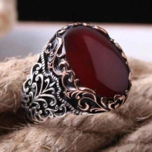 Most Popular Red Agate Style Silver Mens Ring