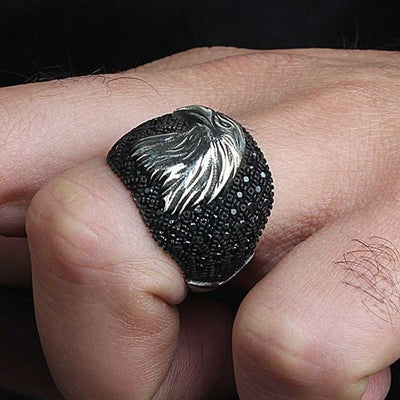 Multi Black Onyx Stone Eagle Style Silver Mens Ring