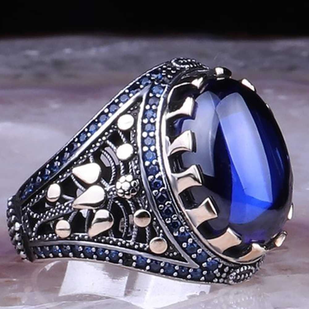 Multi Small Sapphire Stones Heavy Silver Mens Ring