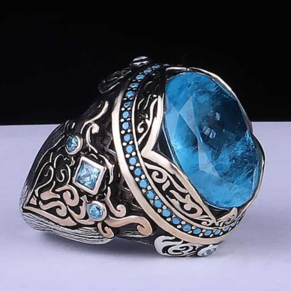 Natural Aquamarine Gemstone Silver Best Mens Ring