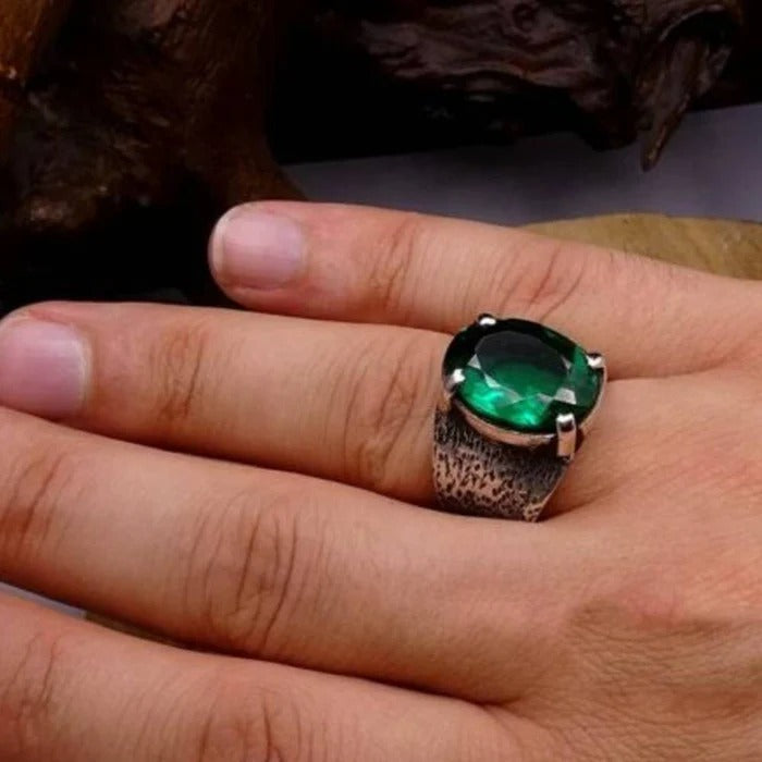 Natural Emerald Excellent Cut Silver Handmade Mens Ring